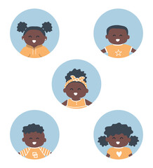 Children icons set. Five different images of black children. Baby girls and baby boys. Cute cartoon characters. Vector illustration