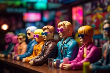 Obraz na płótnie Canvas Fictional Gay Men - Plastic Dolls, Having fun at a colourful Gay Bar, Generative AI Illustration