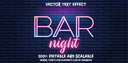 Neon Bar Night light text effect, editable retro and glowing text style