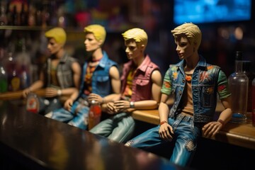 Fototapeta na wymiar Fictional Gay Men - Plastic Dolls, Having fun at a colourful Gay Bar, Generative AI Illustration