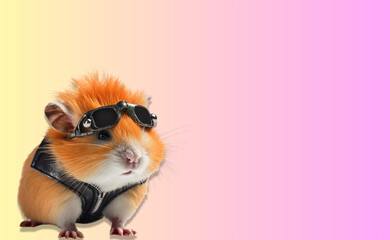 Cute punk rocker hamster, wearing sunglasses and a leather jacket, on banner with space for copy.