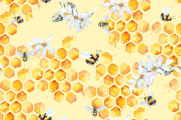 seamless pattern of bees and honeycomb and flowers with watercolor.Honey background.Designed for fabric luxurious and wallpaper, vintage style.Hand drawn floral pattern illustration.Botany garden.