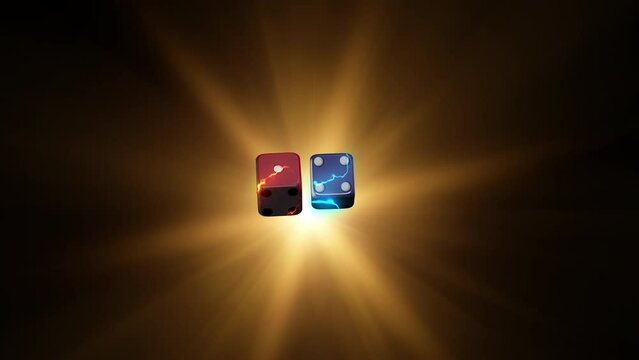 Red and blue dice rolling against a casino table. 3D footage animation 4k resolution.