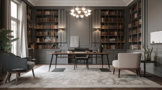modern library room interior with big table