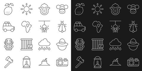 Set line Photo camera, Camping hat, Mosquito, Monkey, Map of Africa, Car, Lemon and Spider icon. Vector