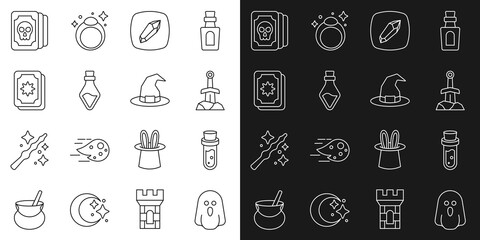 Set line Ghost, Bottle with potion, Sword in the stone, Magic, Tarot cards, and Witch hat icon. Vector