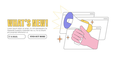 Hand hold megaphone or loudspeaker announce important message vector illustration. Concept of news, sales or discounts and new releases. Creative web or social media banner, ui, website advertisement.