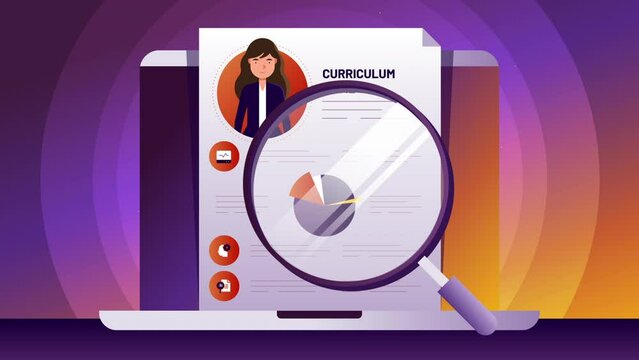 Animaci&oacute;n de un curriculum vitae de una ejecutiva, visto desde una laptop.	