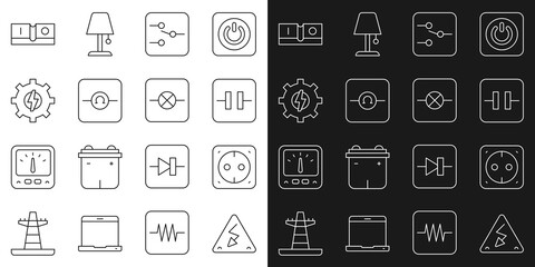 Set line High voltage, Electrical outlet, Electrolytic capacitor, Switch in electronic circuit, Ohmmeter, Gear and lightning, switch and Lamp icon. Vector