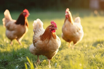Rural farming. Beautiful healthy chickens on a green lawn. Created with Generative AI technology.