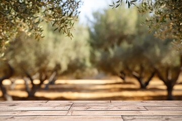 Naklejka na ściany i meble Empty wooden tabletop for products presentation against the background of an olive grove. Created with Generative AI technology.