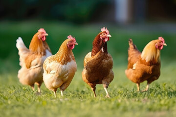 Fototapeta na wymiar Rural farming. Beautiful healthy chickens on a green lawn. Created with Generative AI technology.