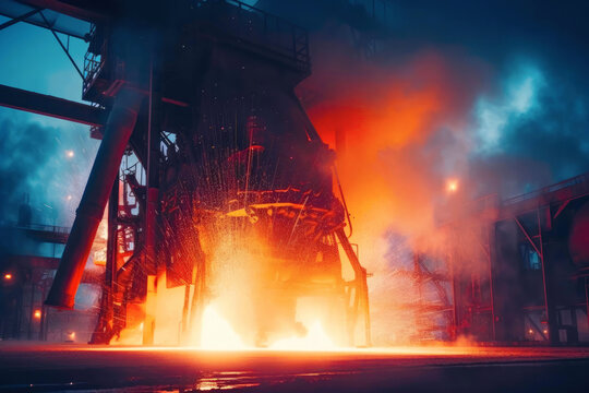 Blast Furnace, steel processing in a steel mill. Heavy industry. Created with Generative AI technology.