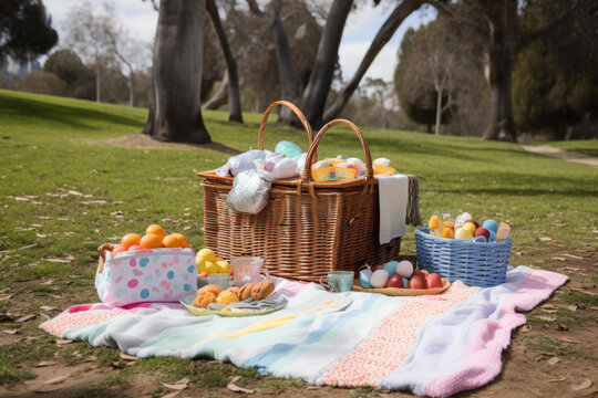 Picnic basket with fruits in the park created with Generative AI