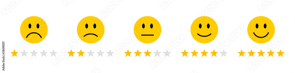Poster feedback or satisfaction rating with smiley and stars set