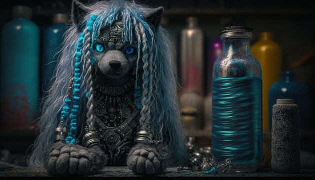 Exclusive toy wolf with long colored hair and dreadlocks, in the laboratory. Children's fantasy cyberpunk toy. Decorative gift for children. Character for children's books and stories. Created with AI
