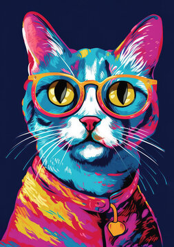 Psychedelic Artwork of a Smart Cat with Glasses. Generative AI