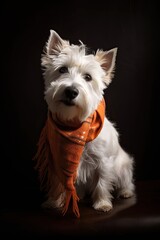 A Delightful Young Pet: Sweet White Terrier Dog with an Orange Scarf, Generative AI