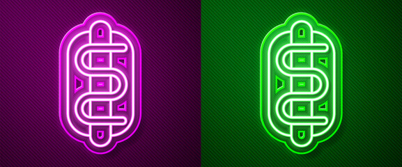 Glowing neon line Hotdog sandwich icon isolated on purple and green background. Sausage icon. Fast food sign. Vector