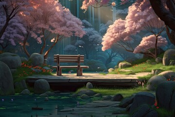 A Serene Scene in Nature's Theater: Thinking on the Bench amid a Forest of Trees and Water Flowing in Calm Blossoming Cherry Blooms, Generative AI