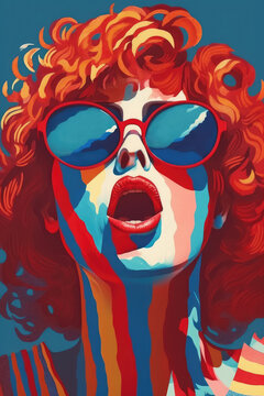 Psychedelic Artwork of Woman with Colorful Hairstyle and Sunglasses. Generative AI