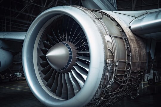 Close-Up View of Aircraft Engine Repair and Maintenance: High-Tech Machinery in the Aerospace Industry, Generative AI