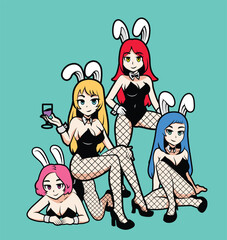 Sexy bunny girl group character in anime style.