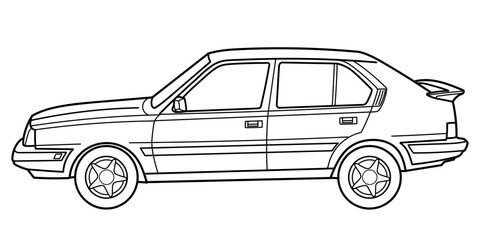 Outline drawing of a hatchback car from side view. Classic 80s, 90s style. Vector outline doodle illustration. Design for print or color book.