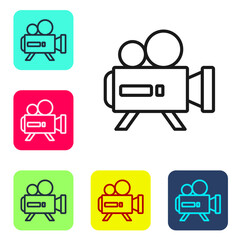 Black line Retro cinema camera icon isolated on white background. Video camera. Movie sign. Film projector. Set icons in color square buttons. Vector