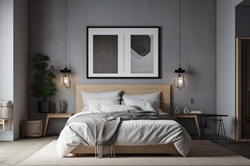 A faux poster frame hangs on the wall of a contemporary bedroom. Generative AI