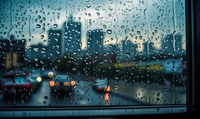Rainy window with street background. Wet glass with blurred urban background. Generative AI.