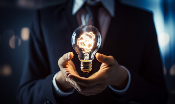 Businessman with electric lamp. Hand holding liht bulb with energy concept. Generative AI.