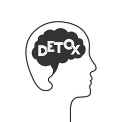 Brain detox concept with head, brain and letters. Detoxification of mind, detoxifying mental state. Vector illustration isolated on white background.