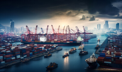 Naklejka premium Crane loading container for transportation. Big industrial port with cranes. Generative AI.