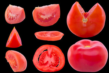 Set with sliced red tomatoes isolated on black background.