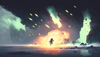 man running from meteorite or debris rocks with fire falling into the sea, digital art style, illustration painting, Generative AI