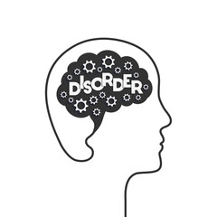 Mental disorder concept. Head and brain silhouette with gears, letters. Mental illness, mind sickness. Profile face outline of a mentally ill person. Vector illustration isolated on white background.