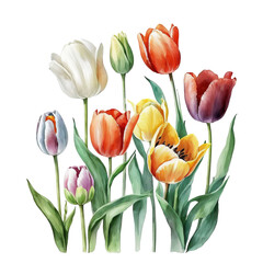 Fototapeta premium Watercolor tulips isolated on white. Generative Ai 