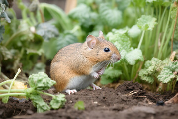 A mouse in the garden spoils seedlings close-up. AI generated
