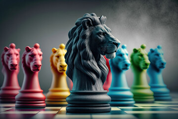 Chess game with lion pieces, the concept of leadership, using strategy & influence to win the battle against the competition