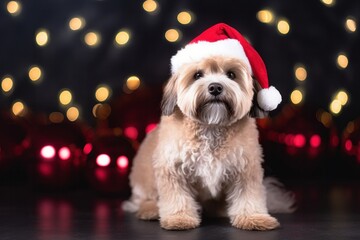 Dog with Santa Hat in front of Holiday Backdrop