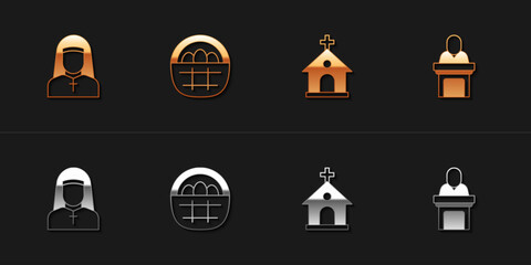 Set Nun, Basket with easter eggs, Church building and pastor preaching icon. Vector