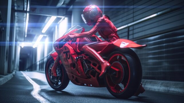 Red Sci-Fi Motorcycle Posing in Tunnel