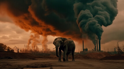 elephant stands watching a petrochemical refinery at sunrise. Generative AI.