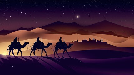 Journey to Bethlehem: Wise Men Traveling in the Desert Sand at Night by Camel - An East Christian Holy Illustration: Generative AI