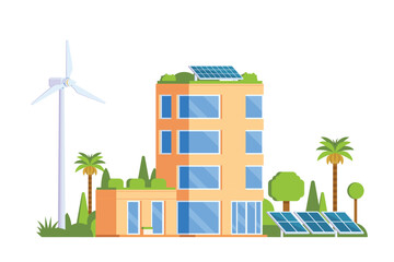 Vector elements representing Green Powered Building. Eco Concept city illustration with a tree, solar panels, wind turbines and green spaces