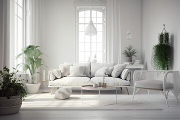 cozy living room with a white couch and natural greenery. Generative AI