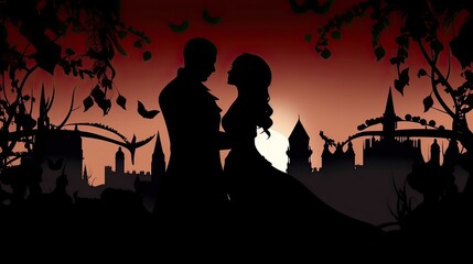 Romantic Couple Painting the Night Sky - Silhouetted in Gothic Vampiric Love. Generative AI