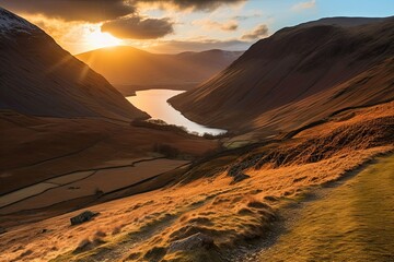 Striking Winter Sunset in the Lake District: Vibrant Fell Views of the Golden Hour. Generative AI