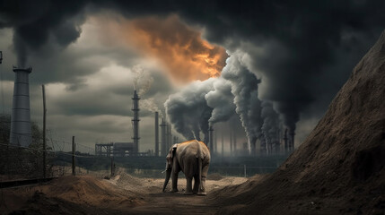 elephant stands watching a petrochemical refinery at sunrise. Generative AI.